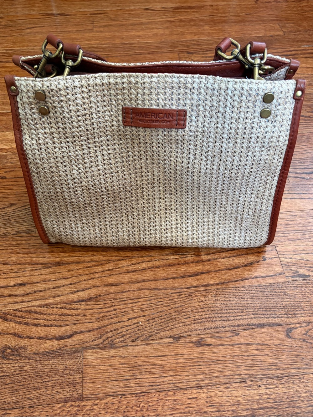 American Leather Co. Lenox Triple Entry Raffia Satchel Brandy EUC